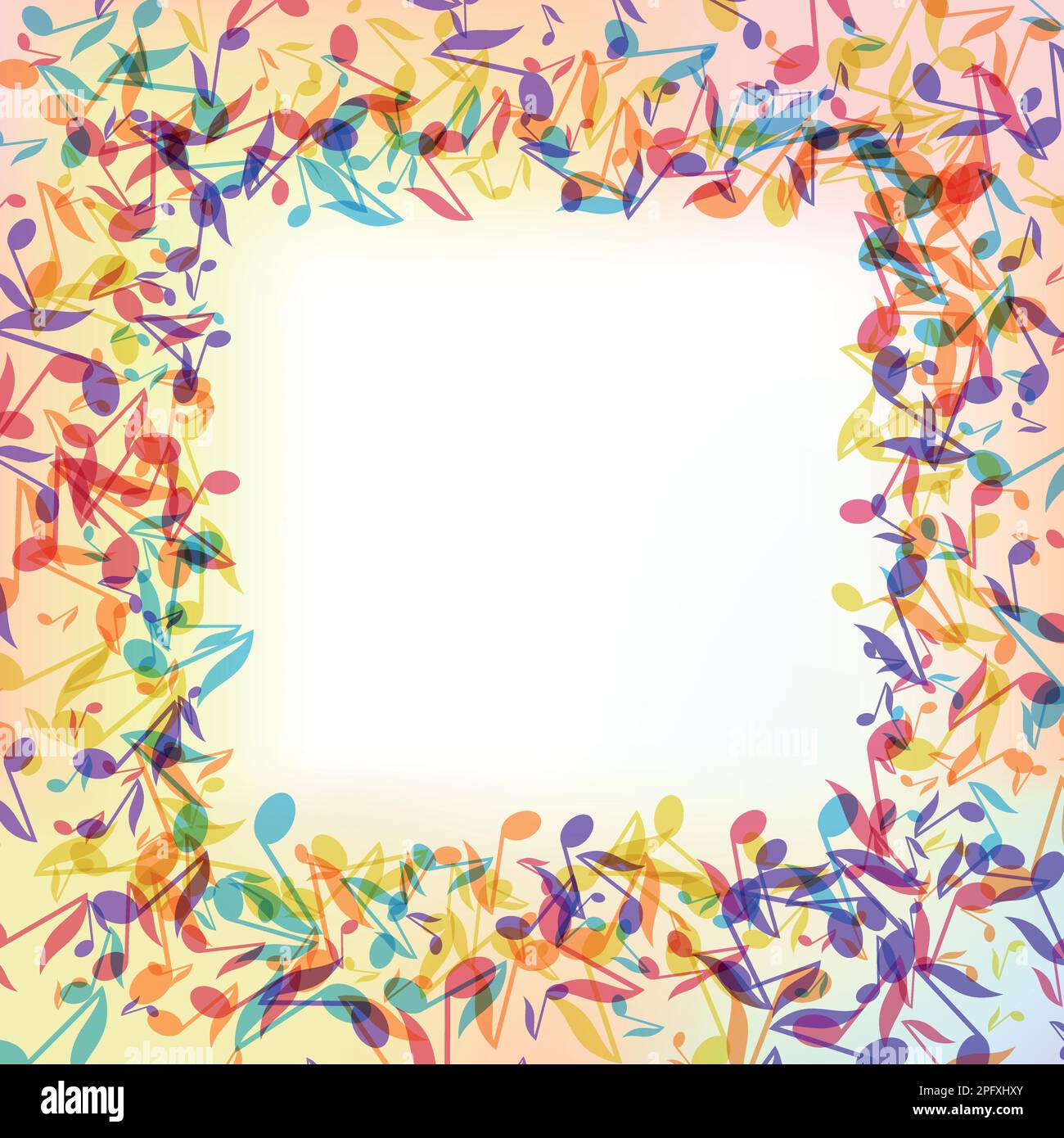 Farbenfroher Rahmen für Musiknotizen. Mehrfarbige Vektordarstellung Hintergrund. Mustervorlage für Poster von Musikfestivals in zufälligen Farben für soziale Medien. Stock Vektor