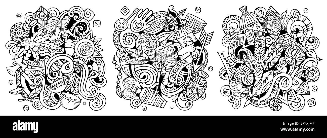 Afrikanischer Cartoon-Vektor-Doodle-Design-Set. Strichkunst Detailkompositionen mit vielen afrikanischen Objekten und Symbolen Stock Vektor