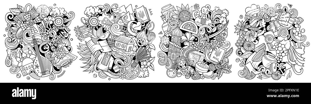 Ukraine Cartoon Vektor Doodle Designs gesetzt. Stock Vektor