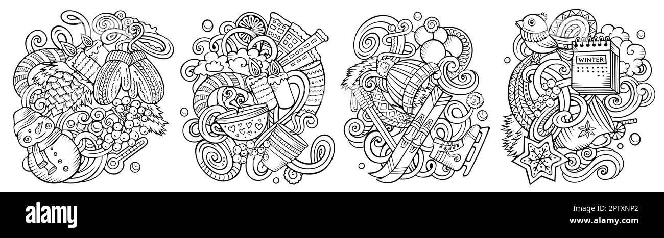 Winter Cartoon Vektor Doodle Designs Set. Stock Vektor