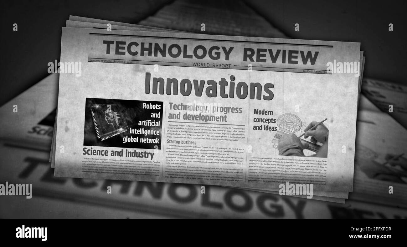 Innovation, Kreativwissenschaft und Technologieentwicklung, Vintage News und Zeitungsdruck. Abstrakte Darstellung der Überschriften im Retro-Design 3D. Stockfoto