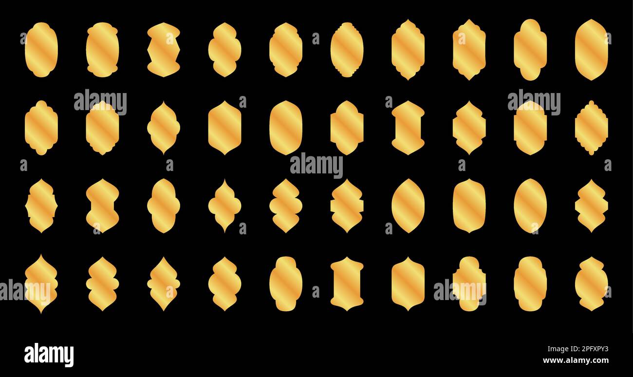 Arabische goldene Fenstersilhouetten. Ramadan Kareem Designelement. Moschee-Tor. Muslimischer Bogen. Vektordarstellung isoliert auf schwarzem Hintergrund Stock Vektor