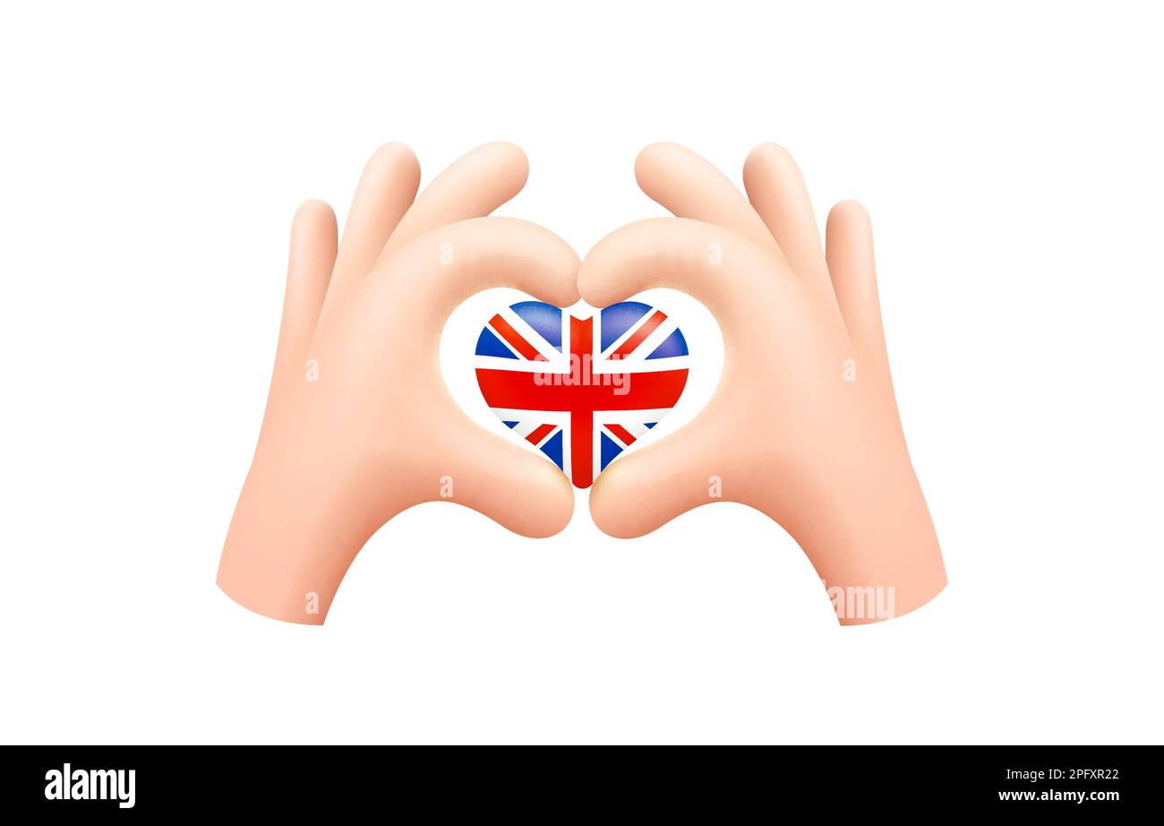 Große britische Flagge in Form von Handherz. Vereinigtes Königreich Großbritannien und Nordirland. Konzept der britischen Nationalflagge. Vektordarstellung. Stock Vektor