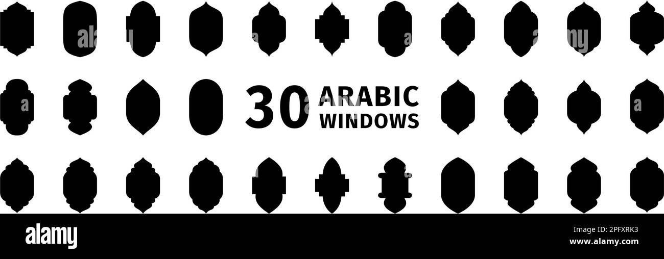 30 arabische Fenstersilhouetten. Vektorsymbol traditionelle islamische Bögen. Arabische traditionelle Architektur. Stock Vektor