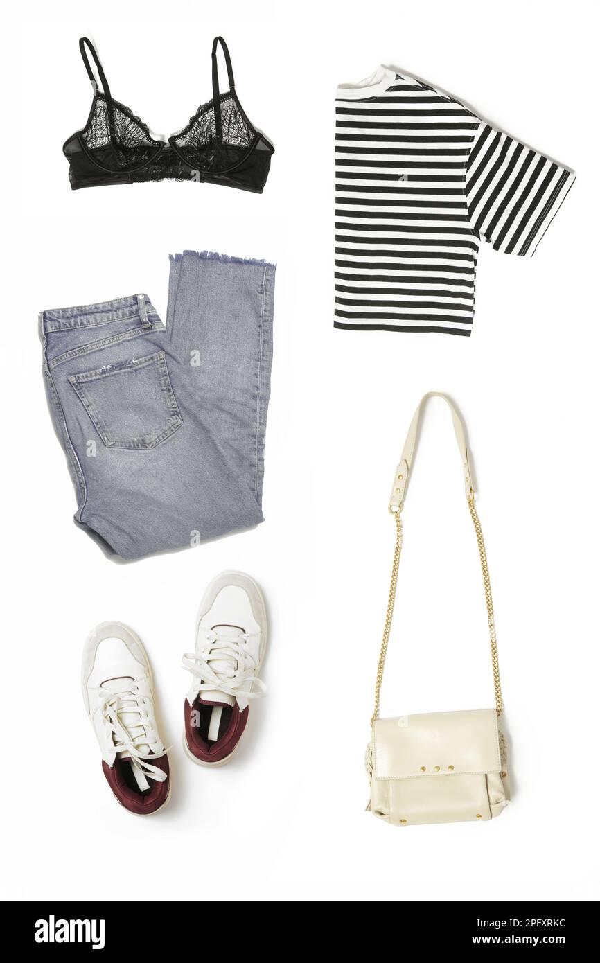 Damenbekleidungscollage isoliert auf weißem Hintergrund. Schlichtes Sommerkostüm. Stockfoto