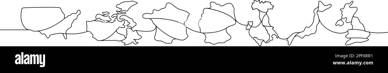 Gruppe von sieben Ländern, durchgehende Zeichnung mit einer Linie. USA, Kanada, Frankreich, Deutschland, Italien, Einzeilige Abbildung für Japan und Großbritannien. Stock Vektor