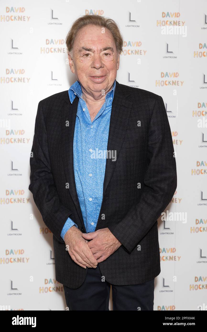 Dateifoto vom 21. Oktober 02/23 von Andrew Lloyd Webber, der an der Galaeröffnung von David Hockney: Greater & Closure (nicht Small & further away) in Lightroom, London teilnahm. Herr Lloyd Webber sagte, er sei "am Boden zerstört", als er verkündete, dass sein ältester Sohn Nicholas "kritisch krank" sei und Magenkrebs habe. Der Oscar-prämierte Komponist, der die Musik für Hits wie Cats, das Phantom der Oper und Jesus Christ Superstar schrieb, wird die Eröffnung von Bad Cinderella in New York im Imperial Theatre verpassen, da sein Sohn ins Krankenhaus eingeliefert wird. Ausgabedatum: Sonntag, 19. März 2023. Stockfoto