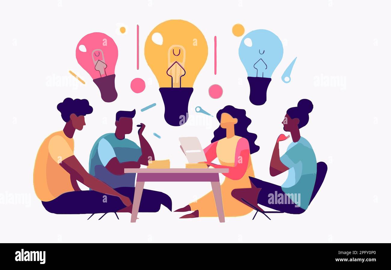 Vielfältiges Business-Team, das an einer Brainstorming-Sitzung teilnimmt, kreative Illustration der Ideengenerierung Stockfoto