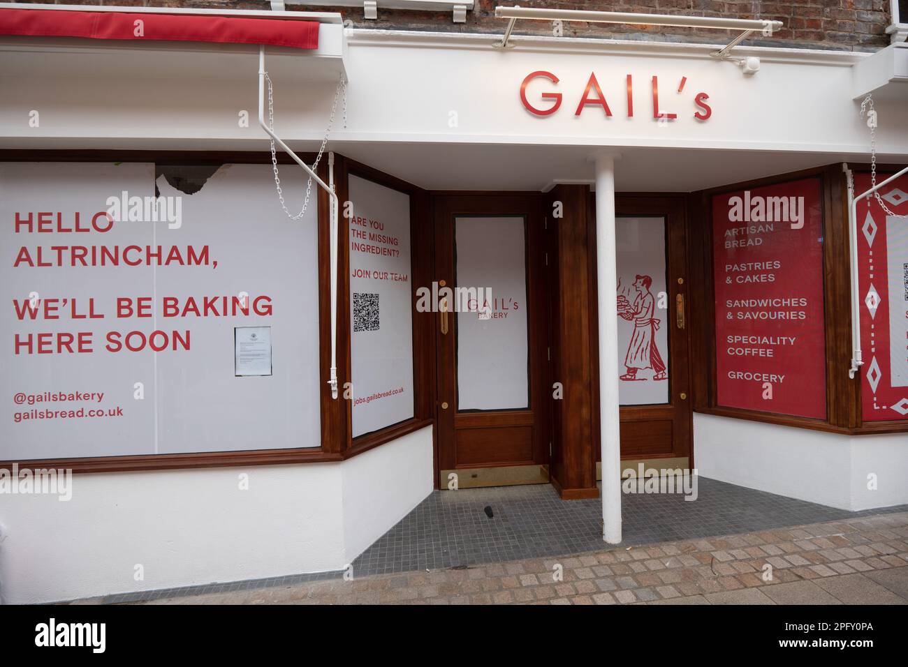 Standort der bald eröffneten Gail's Bäckerei Altrincham, Trafford, Greater Manchester März 2023 Bild: Garyroberts/worldwidefeatures.com Stockfoto