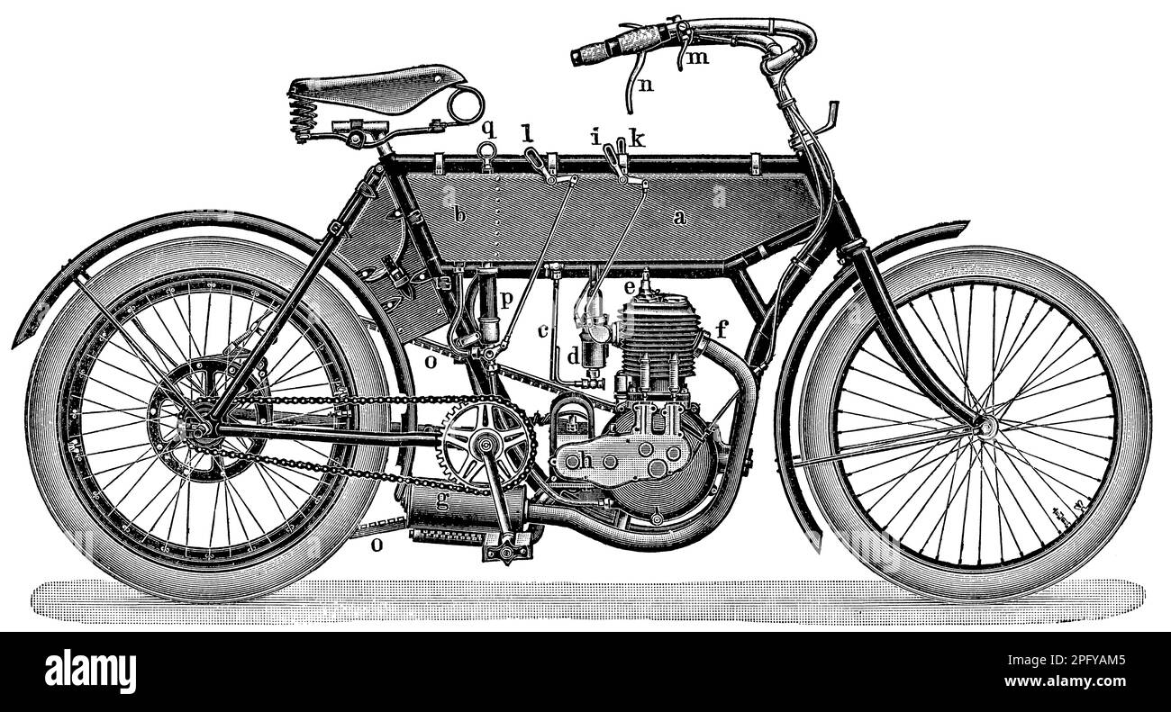 Motorrad (3 PS). Veröffentlichung des Buches "Meyers Konversations-Lexikon", Band 2, Leipzig, 1910 Stockfoto