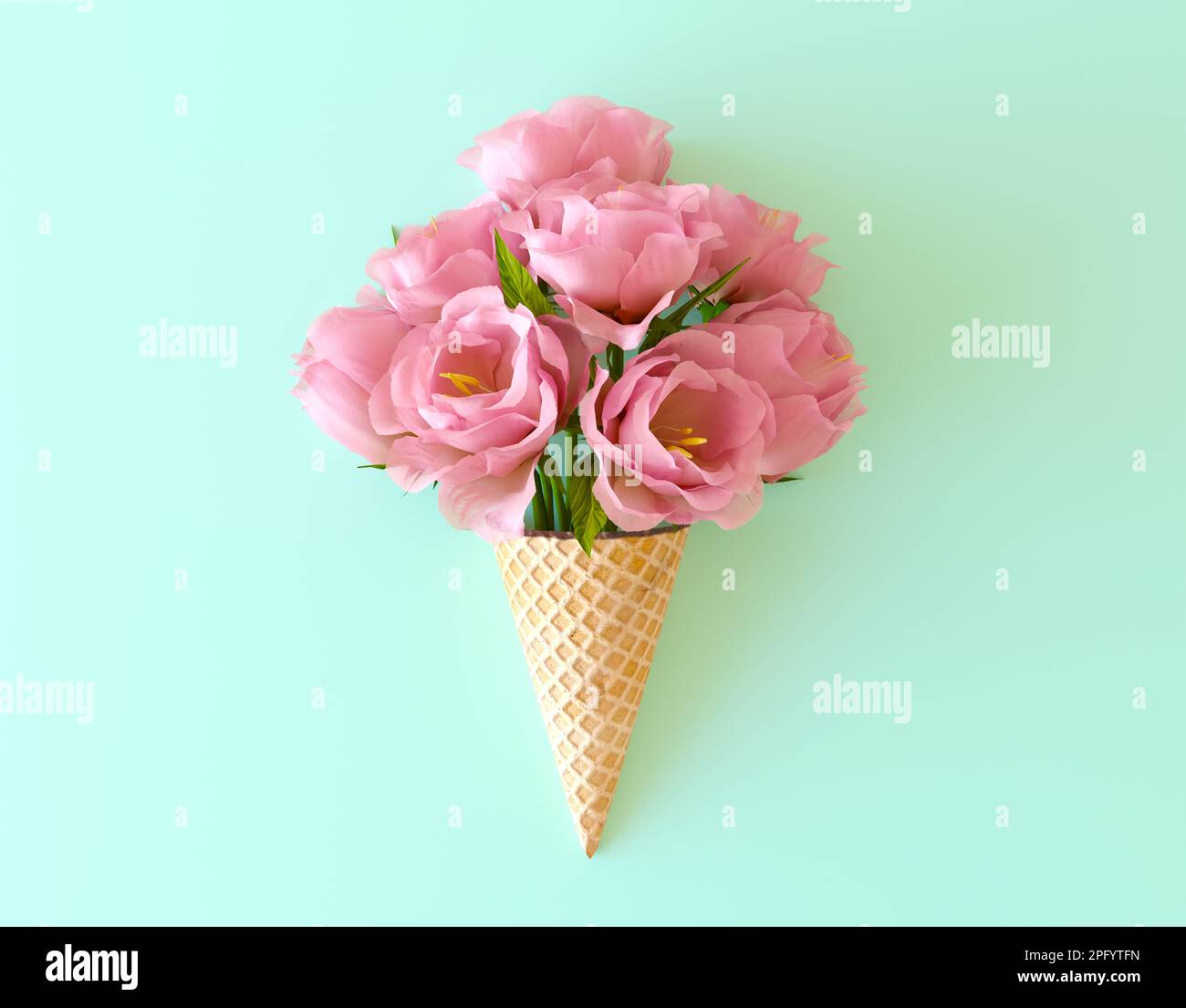 Sommerblumen in der Waffelform. Rosa Blüteneis auf einem flachen Pastelltisch, Draufsicht. 3D-Darstellung rendern. Kreatives Stillleben von Eis Stockfoto