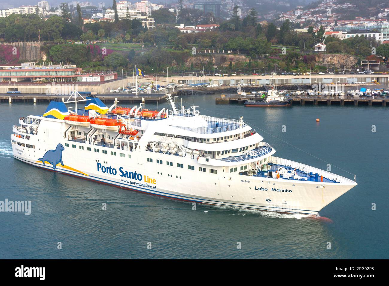 Fähre der Porto Santo Line 'Lobo Marinho', die den Hafen, Funchal, Madeira, Portugal, erreicht Stockfoto