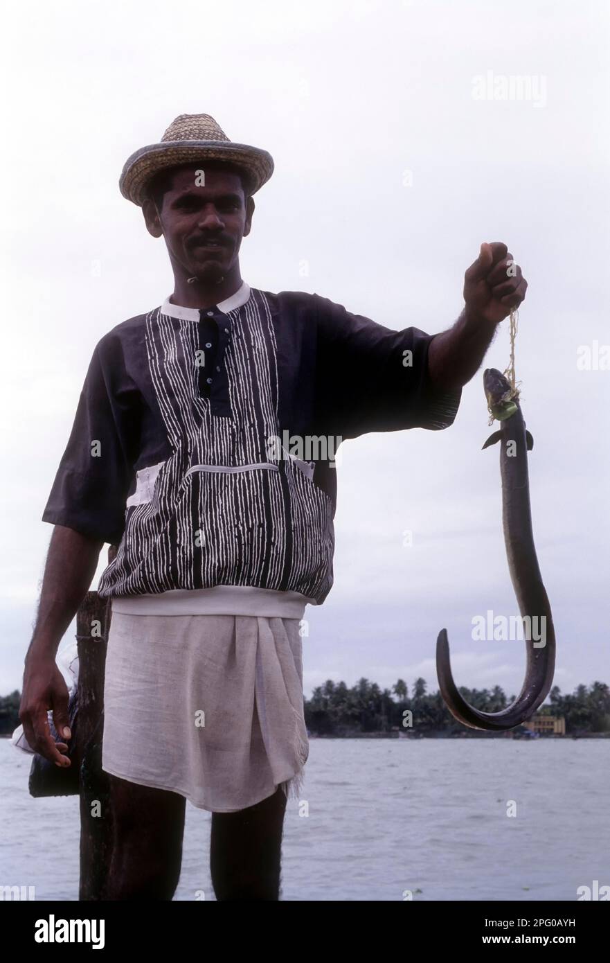 Ein (Anguilliformes) Fischer fing Aalfisch und stand auf dem Boden des chinesischen Fischernetzes in Fort Kochi oder Cochin, Kerala, Indien, Asien Stockfoto