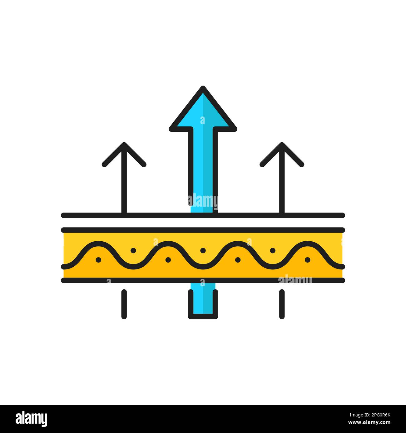 Symbol für wasserdichtes, atmungsaktives, saugfähiges Material. Eigenschaften von Membrantextilien, flüssigkeitsbeständige Matratzenoberfläche. Vektorwind stoppt Material ausströmt Stock Vektor