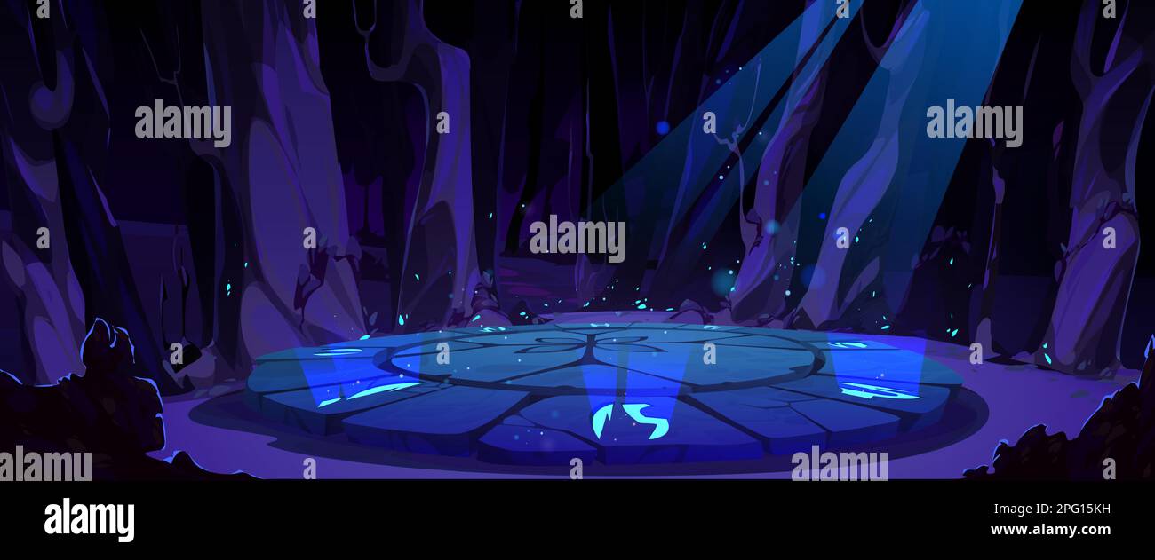 Spielhintergrund mit magischem maya-Altar im Dschungel. Waldlandschaft mit Steinschlachthalle, Bäumen und Mondschein bei Nacht. Uralte kreisförmige Plattform mit leuchtenden Symbolen, Vektorgrafik Stock Vektor