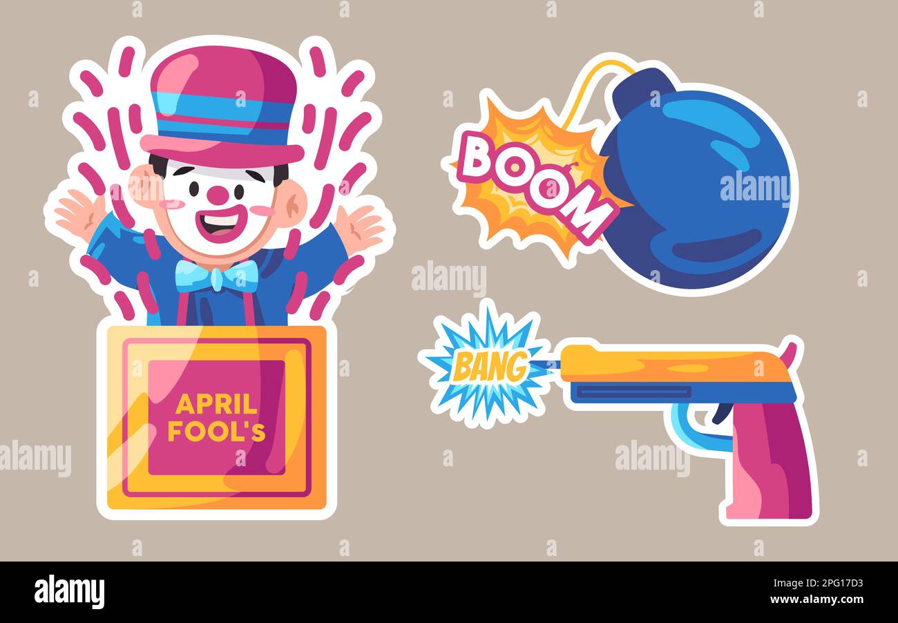 April-Narren-Tag-Clown-Überraschung von der Box-Boom-Bang-Pistole und Bombenvektor-Aufkleber-Illustration Stock Vektor