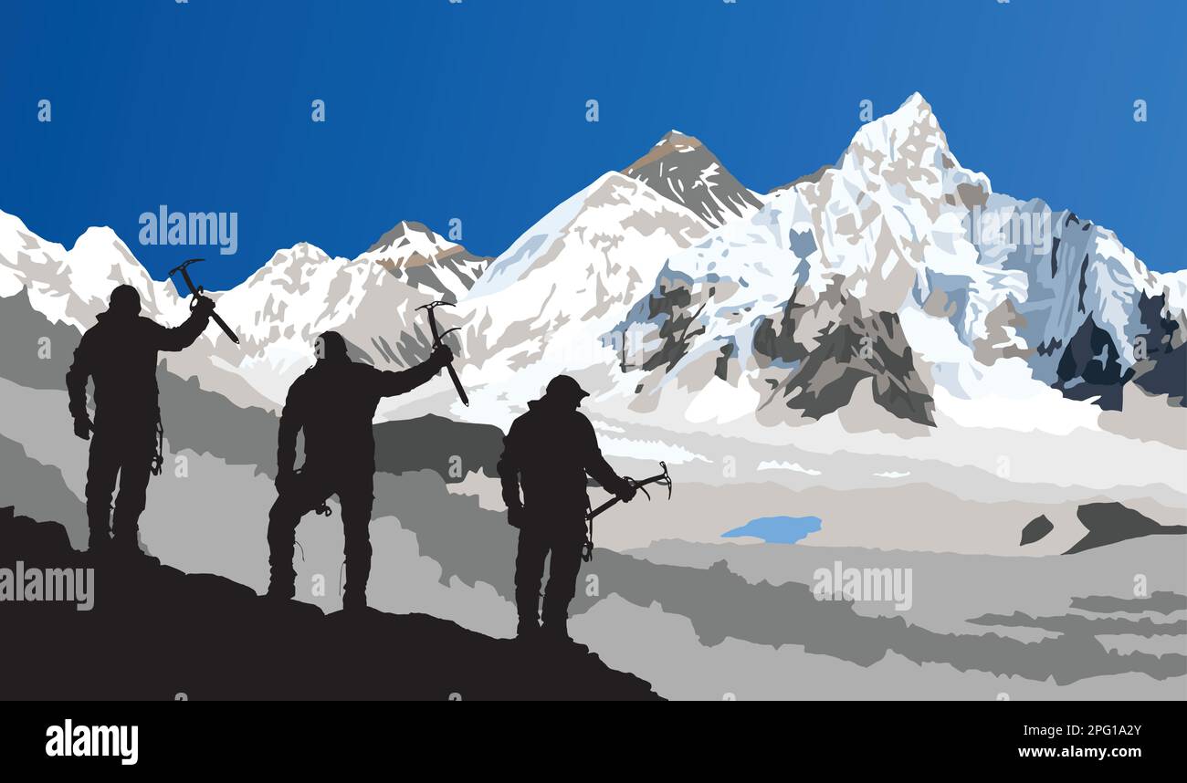 Mount Everest und Nuptse von der nepalesischen Seite aus gesehen vom Kala Patthar Peak mit schwarzer Silhouette von drei Kletterern mit Eisaxt in der Hand, Vektor Illustra Stock Vektor