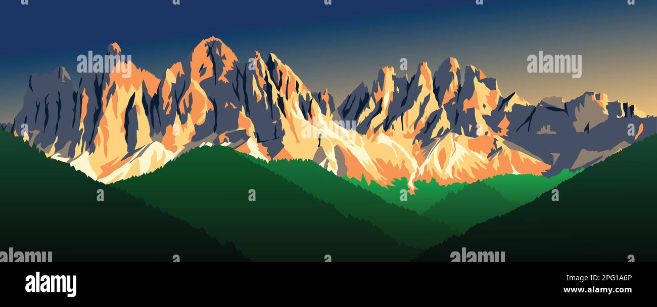 Abendlicher Panoramablick auf Geislergruppe oder Gruppo dele Odle, Vektordarstellung, Alpen Dolomiten, Italien Stock Vektor