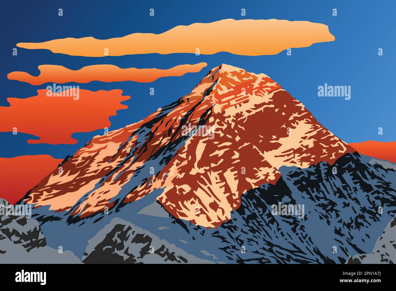 Abendliche Bergspitze des Mount Everest Vektorlogo, Nepal Himalaya Berge, Mount Everest vom Gokyo Ri Gipfel aus gesehen Stock Vektor