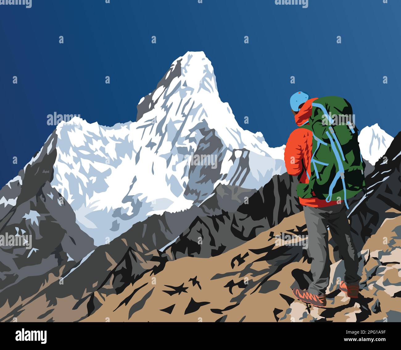Mount Ama Dablam mit Wanderer, Bergvektor-Illustration Stock Vektor