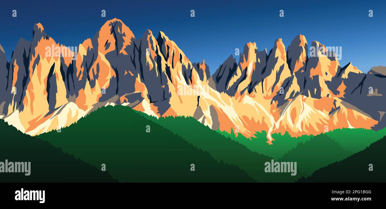 Abendlicher Panoramablick auf Geislergruppe oder Gruppo dele Odle, Vektordarstellung, Alpen Dolomiten, Italien Stock Vektor