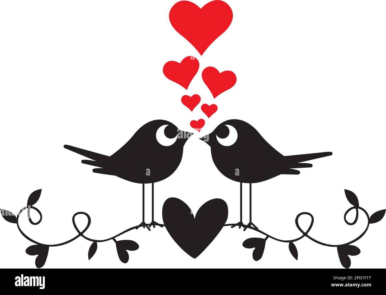 Vögel, zwei Silhouetten, Vektor. Ein Vogel, der ein Herz hält. Eine romantische, süße Zeichentrickfigur. Stock Vektor