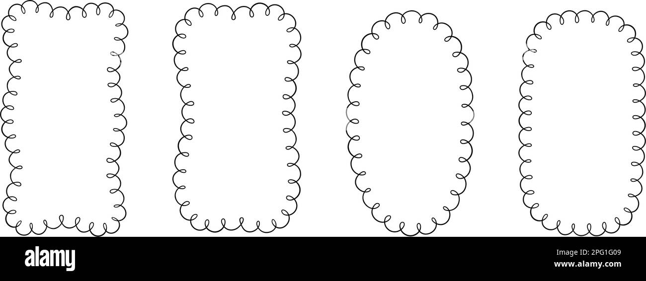 Doodle Retangle und ovale Muschelrahmen. Handgezeichnete Rechteck- und Ellipsenformen mit ausgekrümmten Kanten. Einfaches Etikettenformular. Rahmen aus Blumenspitze Stock Vektor