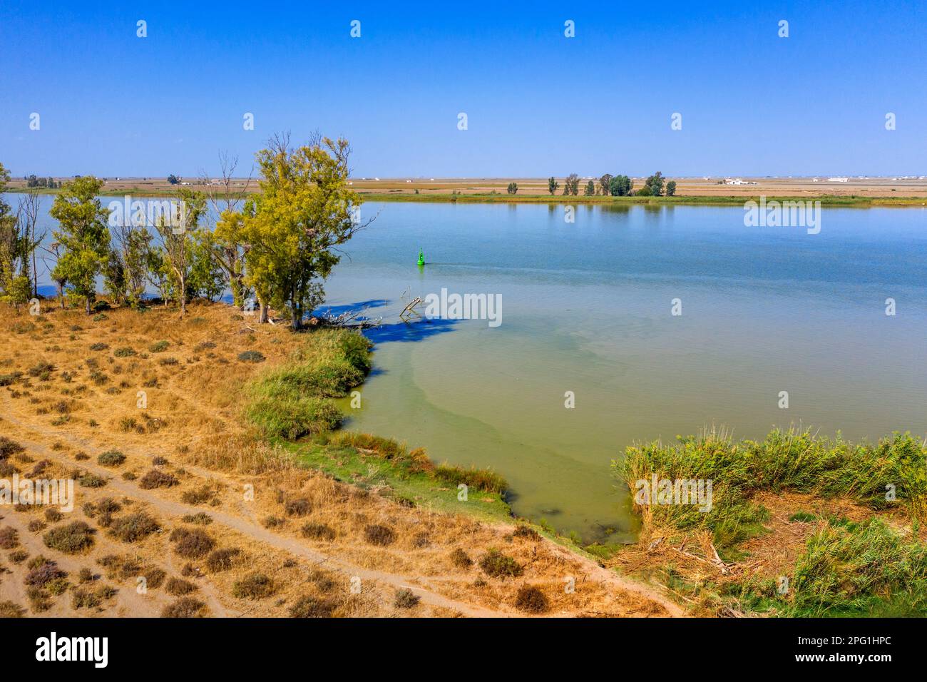 Brazo de la Torre, einer der Zweige des Guadalquivir-Flusses im Marschland von Doñana, Isla Mayor, Sevilla, Spanien. Entremuros Marshes. Der Brazo de la Stockfoto