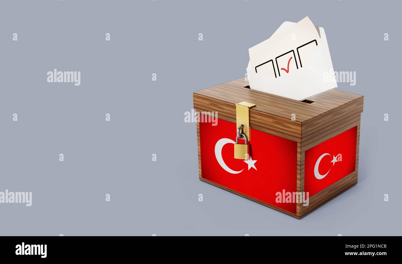 Türkische Flagge auf der Wahlurne. Türkisches Wahlkonzept mit Kopierbereich links. 3D Abbildung. Stockfoto