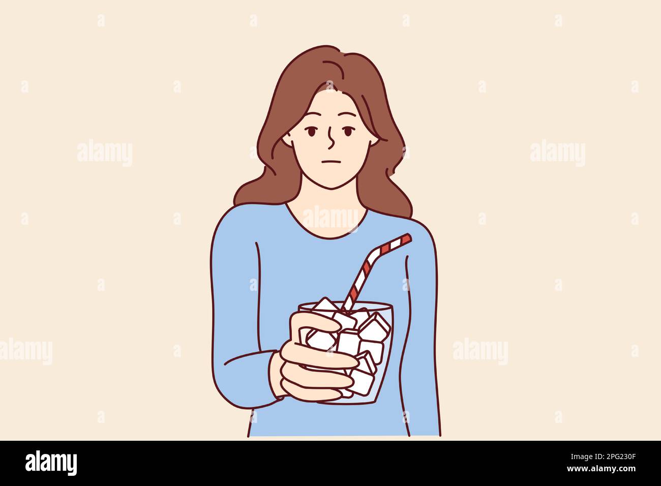 Emotionloses Mädchen hält Glas voll Zucker mit Stroh symbolisiert ungesunde Ernährung, die zu Diabetes führt. Frau, die zu viel Zucker trinkt, braucht eine Diät, um Insulinprobleme zu vermeiden Stock Vektor