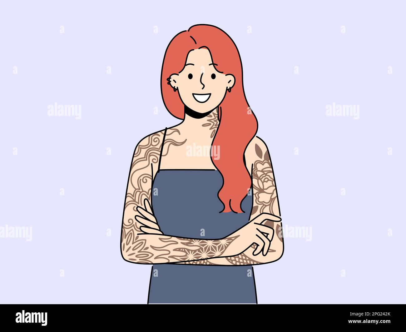 Lächelnde rothaarige Frau mit Tattoos auf den Armen. Eine glückliche Frau mit tätowierten Händen drückt Persönlichkeit aus. Subkultur und Selbstdarstellung. Vektordarstellung. Stock Vektor