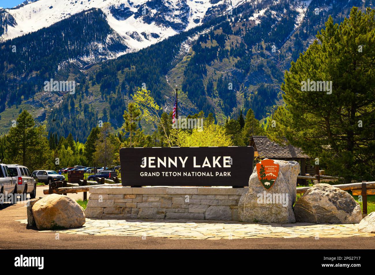Begrüßungsschild am Eingang zum Jenny Lake im Grand Teton National Park, Wyoming Stockfoto