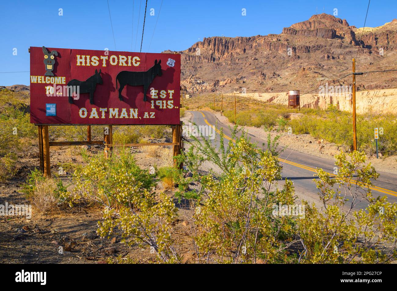 Eintrittsschild in Oatman Village an der historischen Route 66 in Arizona Stockfoto