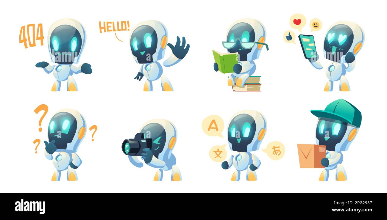 Süße Chat bot-Cartoon-Vektorset-Illustration. Weißer, lustiger, intelligenter Gesprächsroboter, Assistent mit Handgesten, winkend Hallo, 404-Fehlermeldung und Denken mit Fragezeichen, Übersetzer Stock Vektor