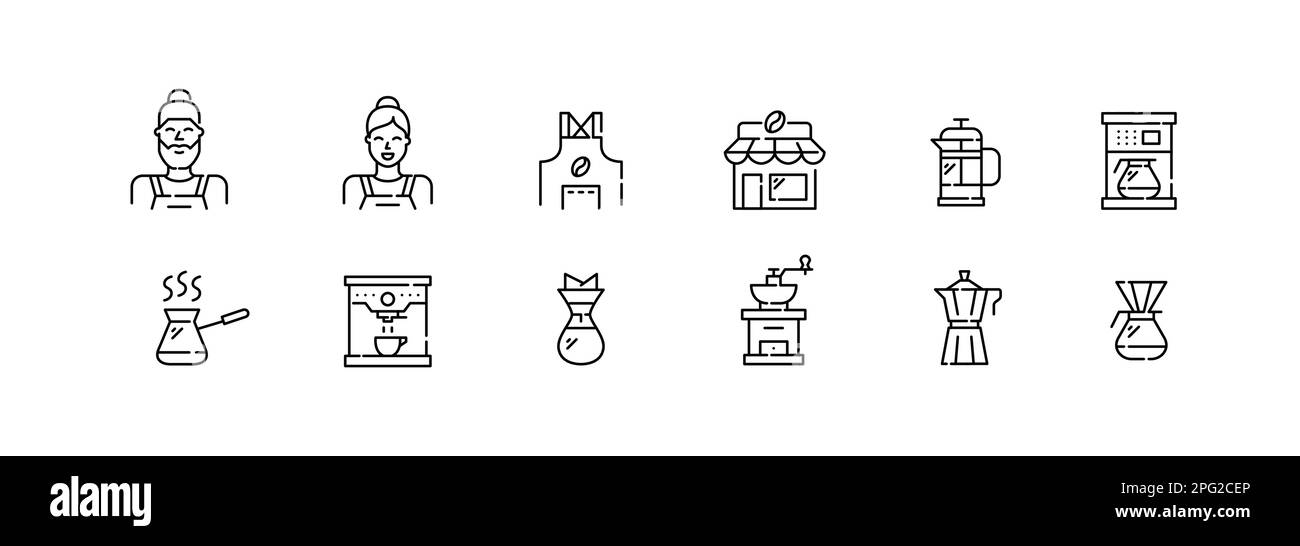 Kaffeezubereitungstechnik. Espressomaschine, chemex, french Press, Moka, Tropf und Barista in Schürzen. Editierbare Kontursymbole Stock Vektor