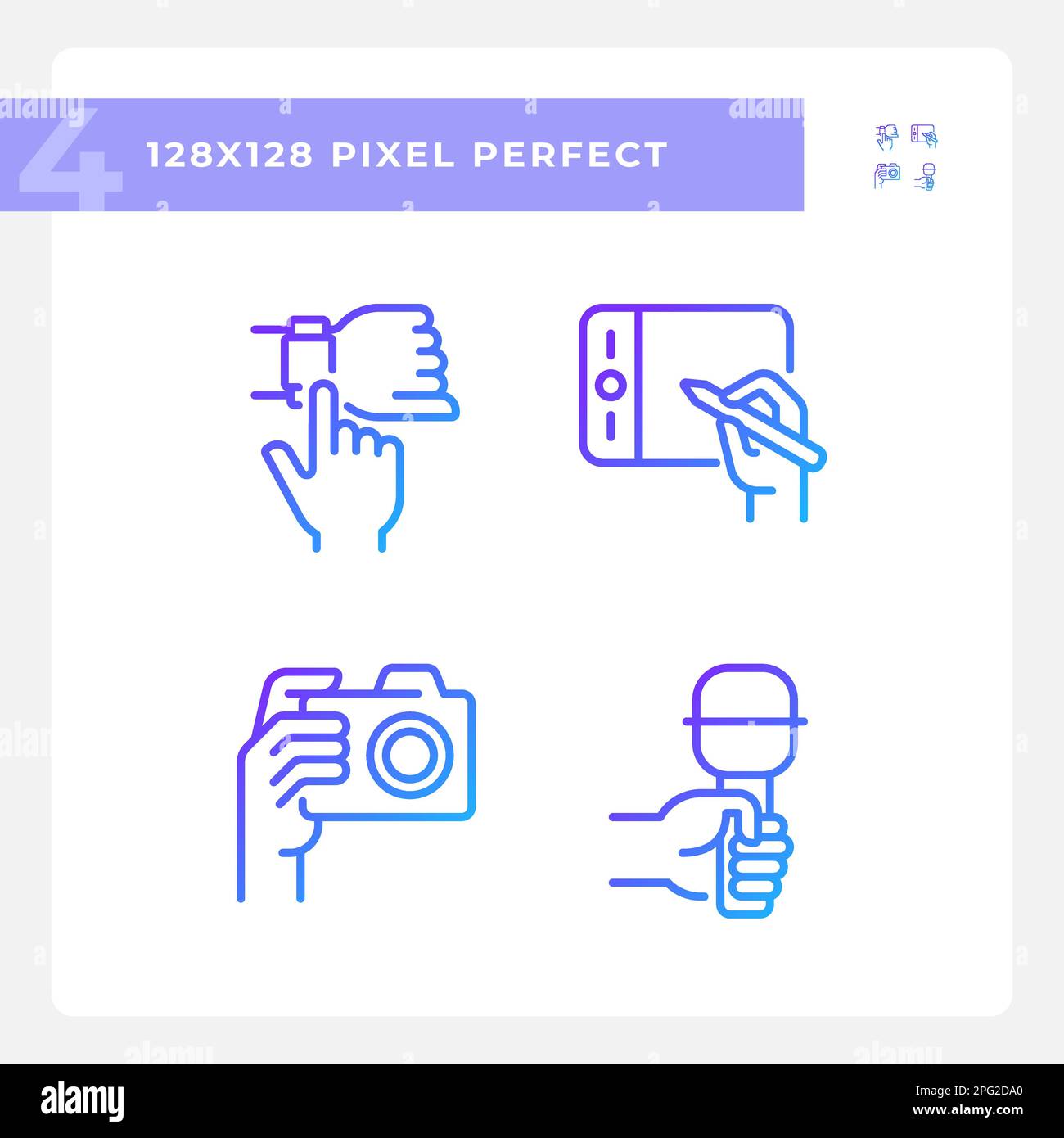 Hände mit verschiedenen Geräten pixeln den Symbolsatz für lineare Vektoren mit perfektem Gradienten Stock Vektor
