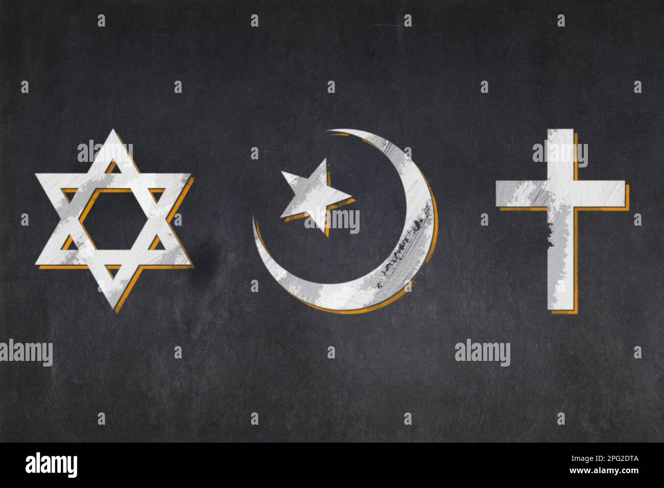 Tafel mit den Symbolen der drei abrahamischen Religionen: Der jüdische Stern Davids, das christliche Kreuz und der islamische Stern und Halbmond, der mich gezeichnet hat Stockfoto