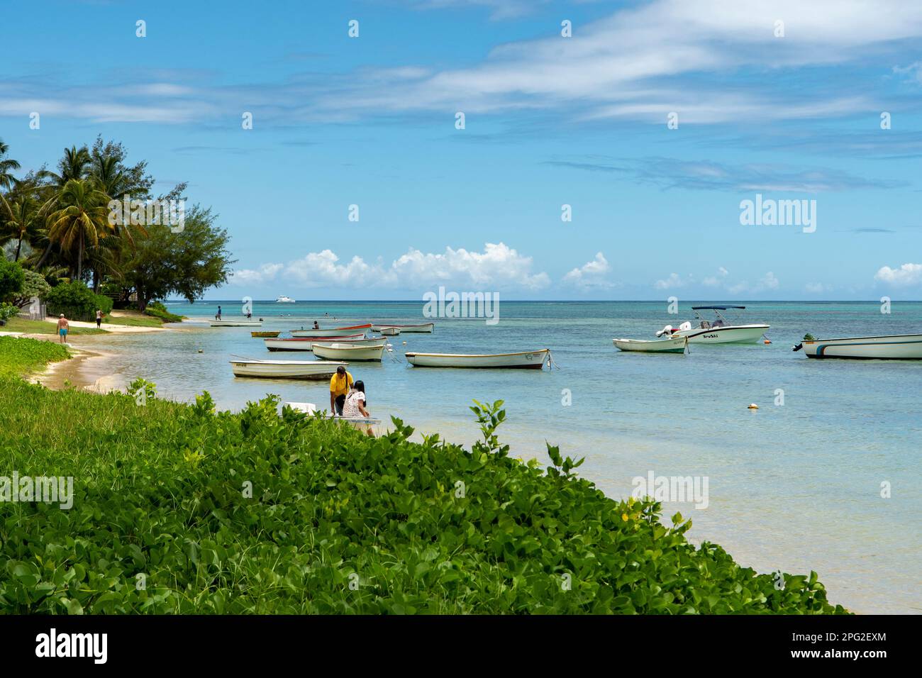 Boote am Bain Boeuf Beach, Mauritius Stockfoto