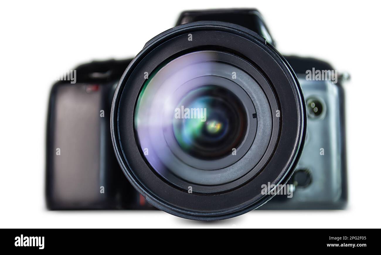 Kamera und Fotoobjektiv isoliert auf weißem Hintergrund Nahaufnahme Stockfoto