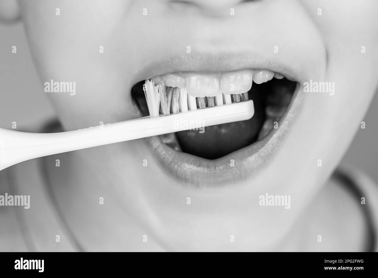 Ein Junge putzt Zähne. Junge Zahnbürste, weiße Zahnpasta. Gesundheitsfürsorge, Zahnhygiene. Schwarz auf Weiß Stockfoto