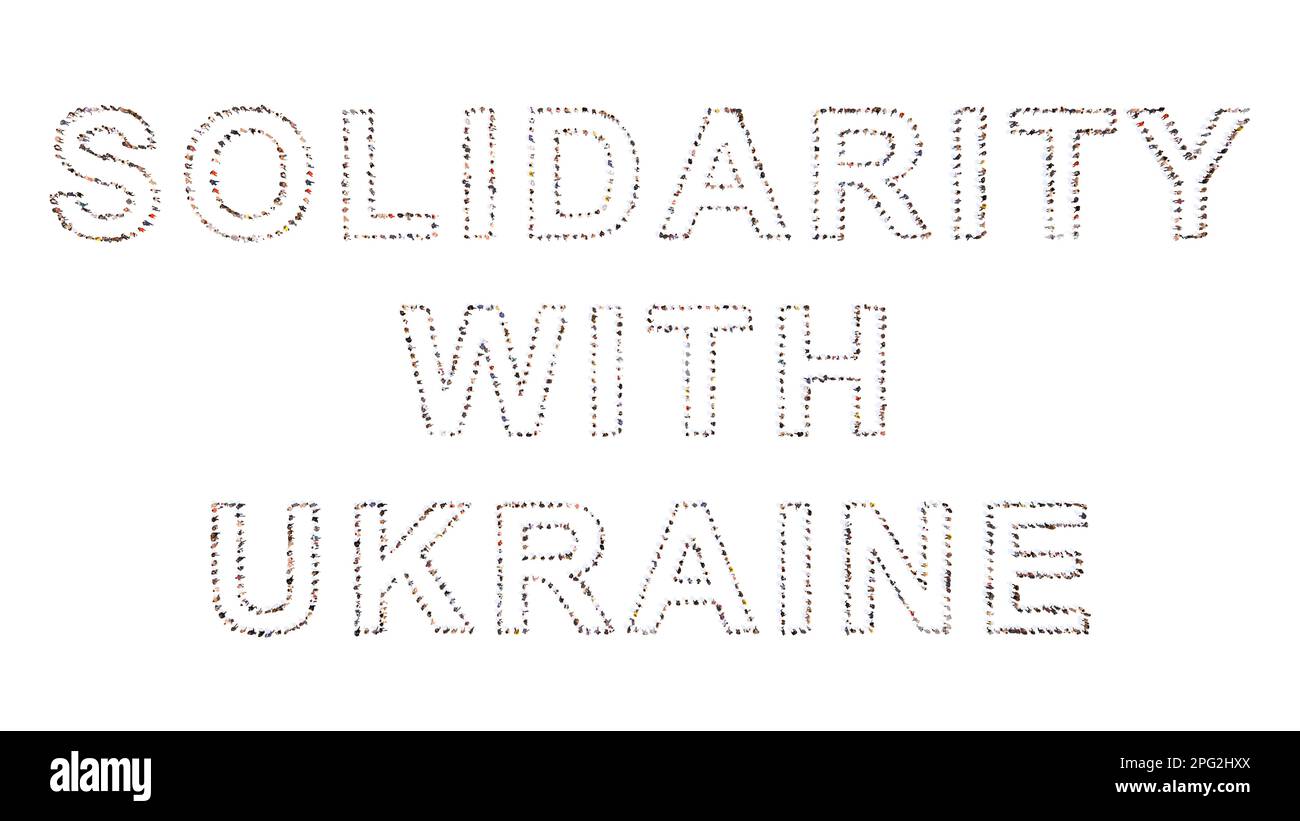 Konzeptionelle Botschaft einer großen Gemeinschaft von Menschen , die SOLIDARITÄT MIT DER UKRAINE bilden . 3D Illustration Metapher für Solidarität, Kooperation, Mitgefühl Stockfoto