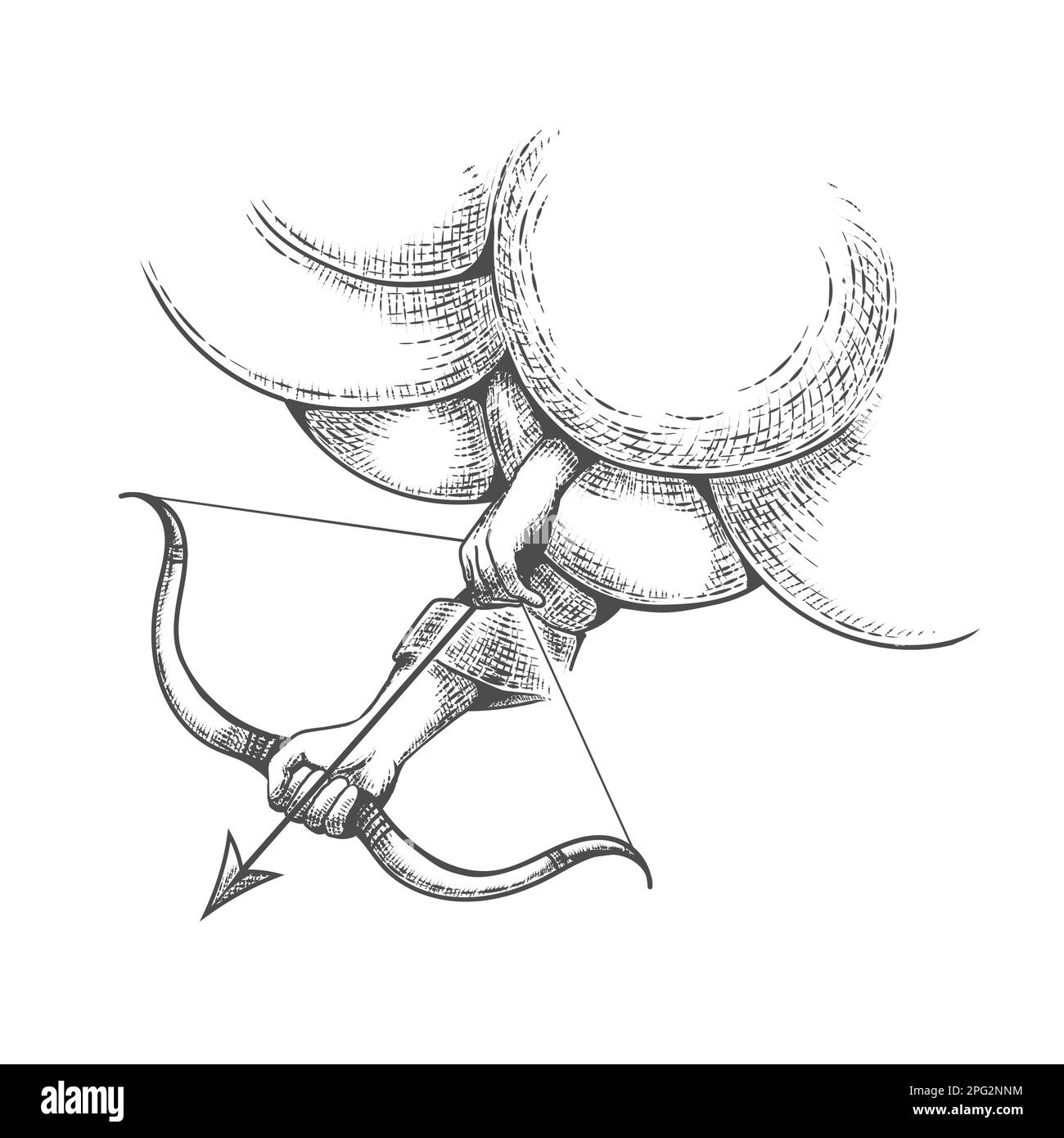 Esoterisches Tattoo der Hände Gottes mit Arrow und Bow isoliert auf Weiß. Vektordarstellung Stock Vektor
