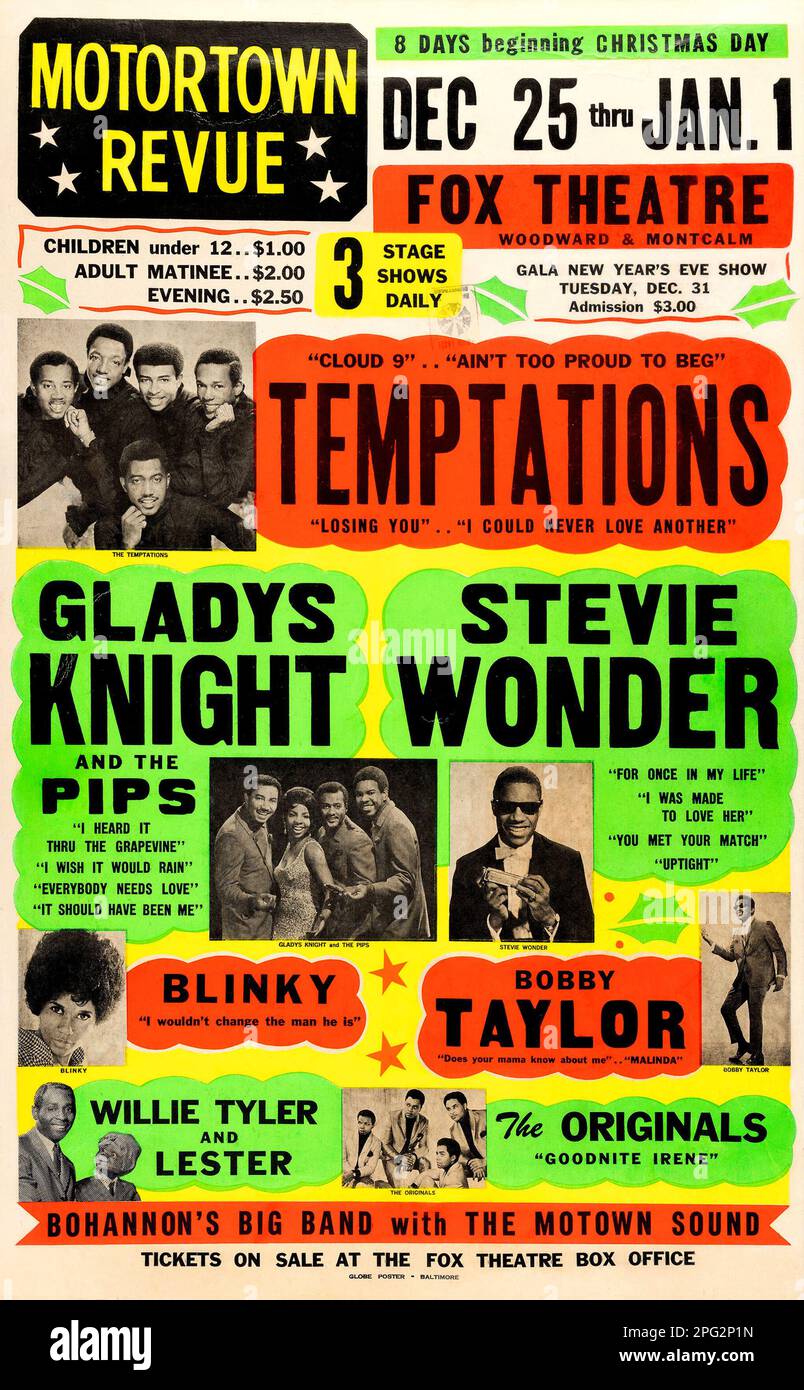 Motortown Revue, Fox Theatre - Temptations, Gladys Knight, Stevie Wonder und mehr, Detroit 1968-1969-Konzertposter Stockfoto
