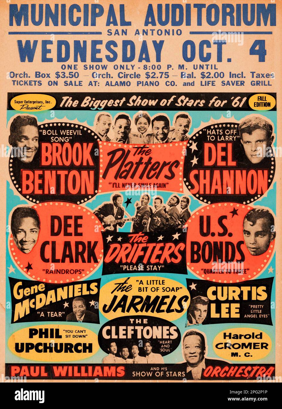Municipal Auditorium San Antonio, Brook Benton, The Platters, Del Shannon, Dee Clark, The Drifters, US Bonds - 1961-Konzertposter im Vintage-Stil Stockfoto