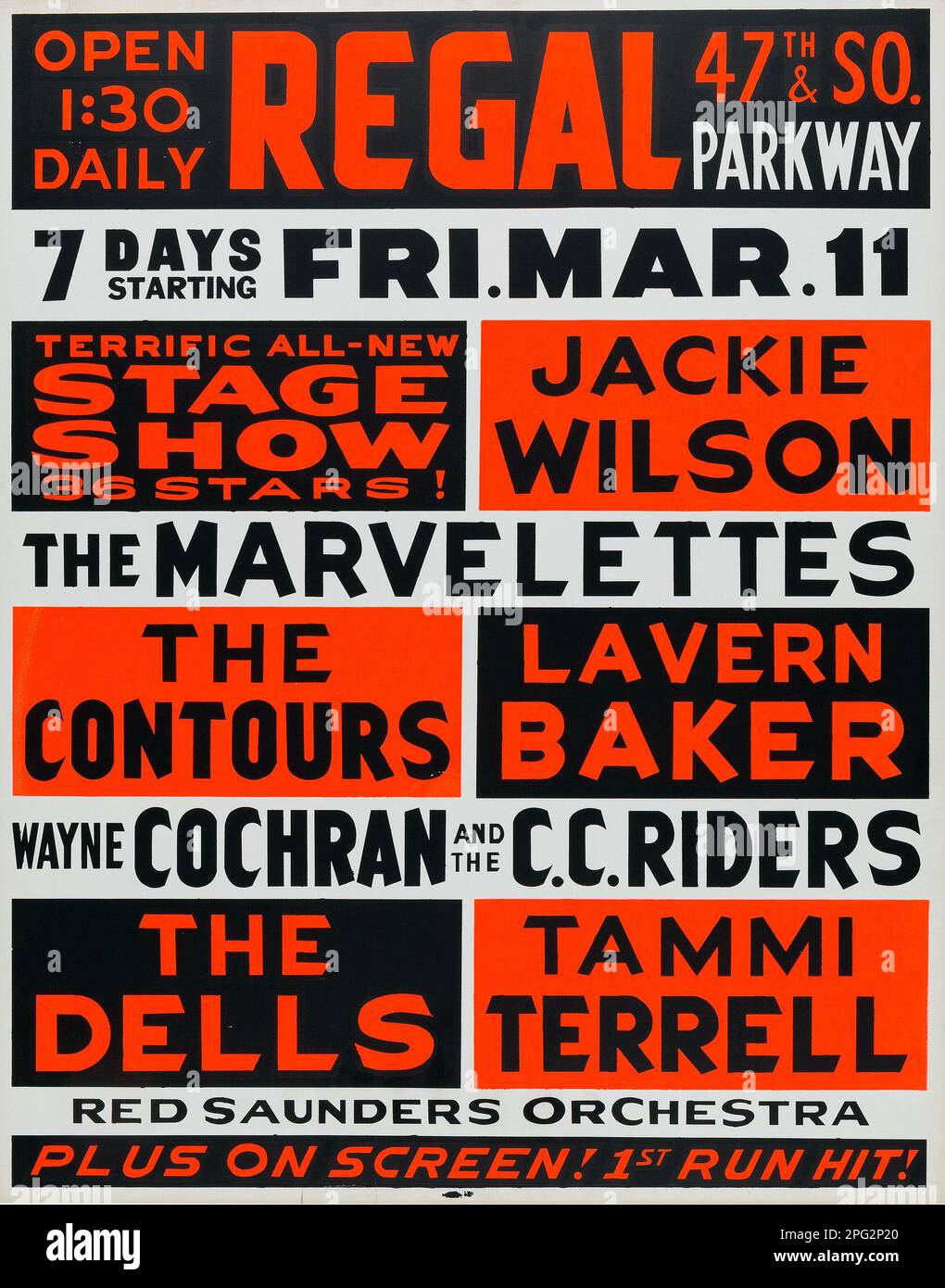 REGAL Parkway - Jackie Wilson, Marvelettes, Lavern Baker, The Contours, CC Riders & More 1966 Chicago Concert Poster Stockfoto