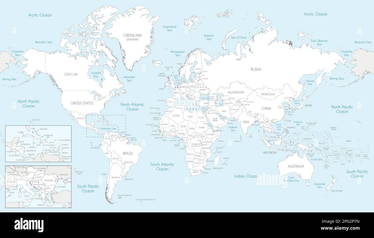 Sehr detaillierte Vektordarstellung der Weltkarte. Bearbeitbare und deutlich beschriftete Ebenen. Stock Vektor