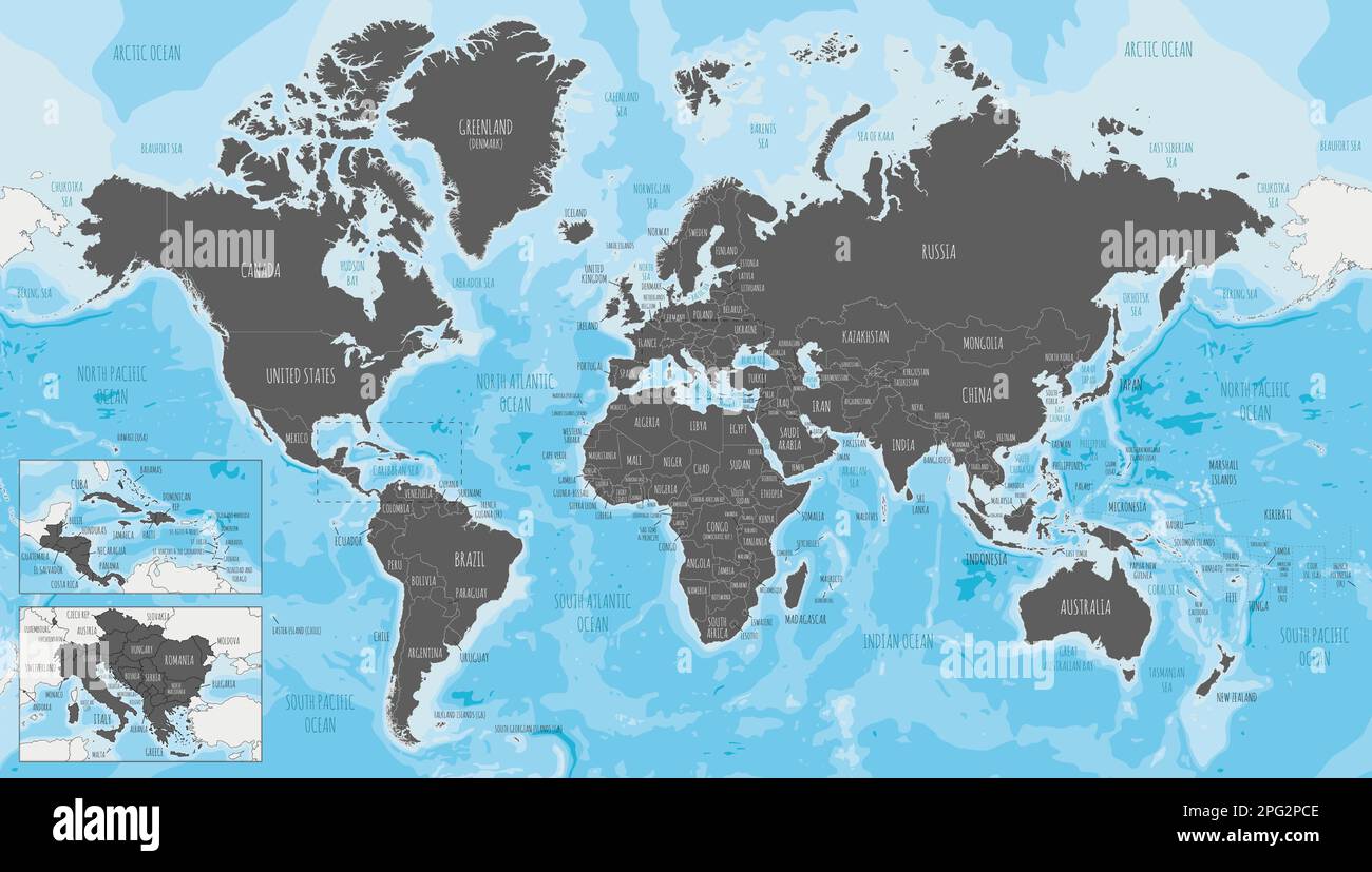 Sehr detaillierte Vektordarstellung der Weltkarte. Bearbeitbare und deutlich beschriftete Ebenen. Stock Vektor