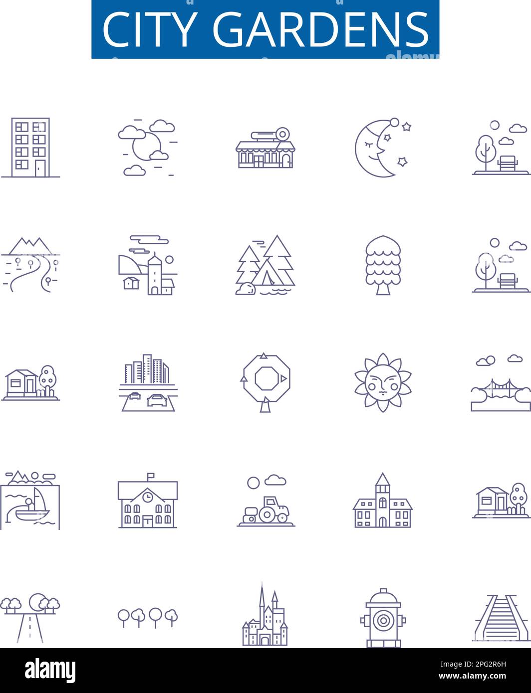 Stadtgärten mit Symbolen. Designkollektion aus Urban, Park, Green, Plaza, Vegetation, Rasen, Wege, Gehwege umreißen den Konzeptvektor Stock Vektor