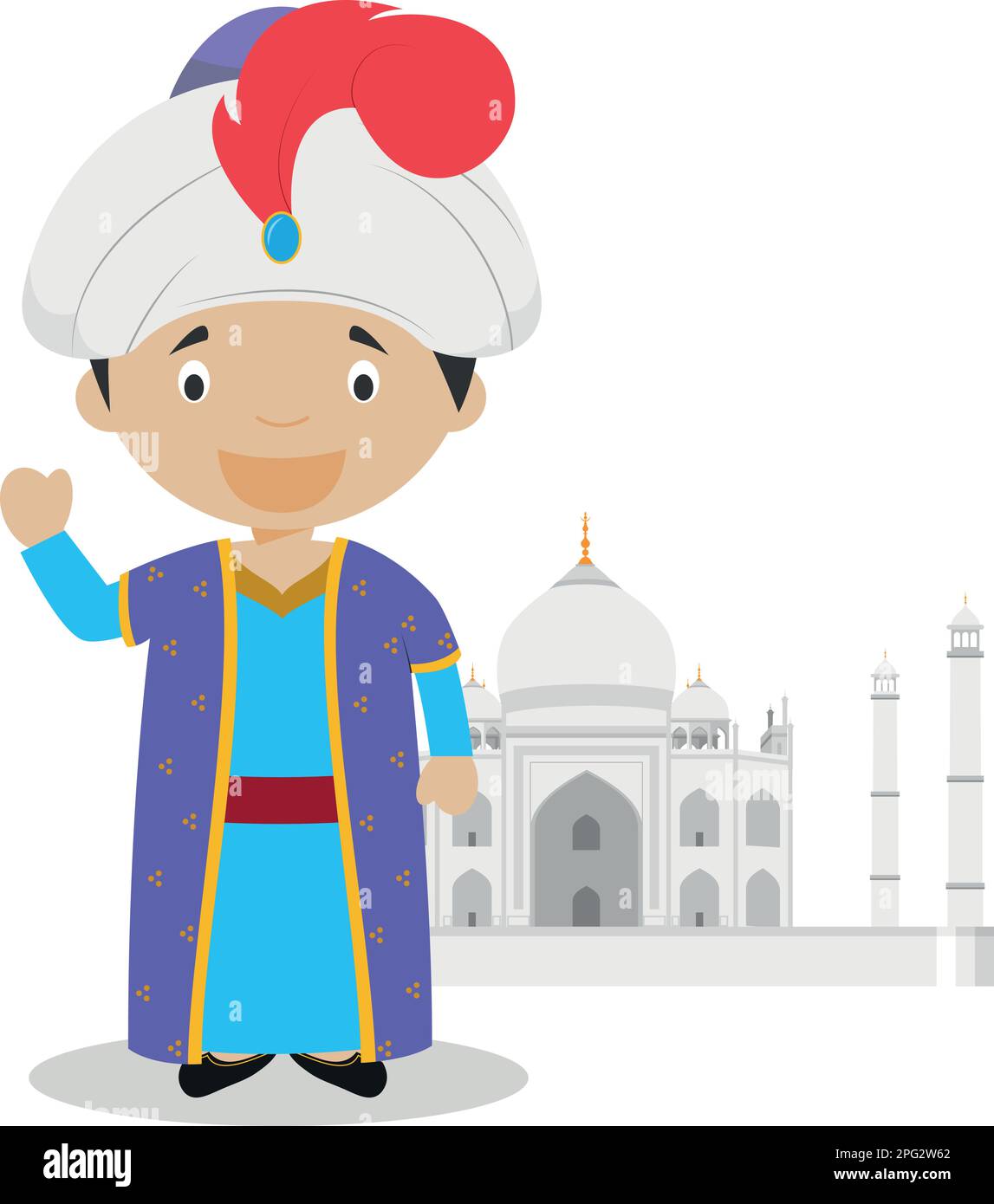 Mogul-Zeichentrickfigur mit Taj Mahal-Illustration. Vektordarstellung. Geschichtskollektion Für Kinder. Stock Vektor