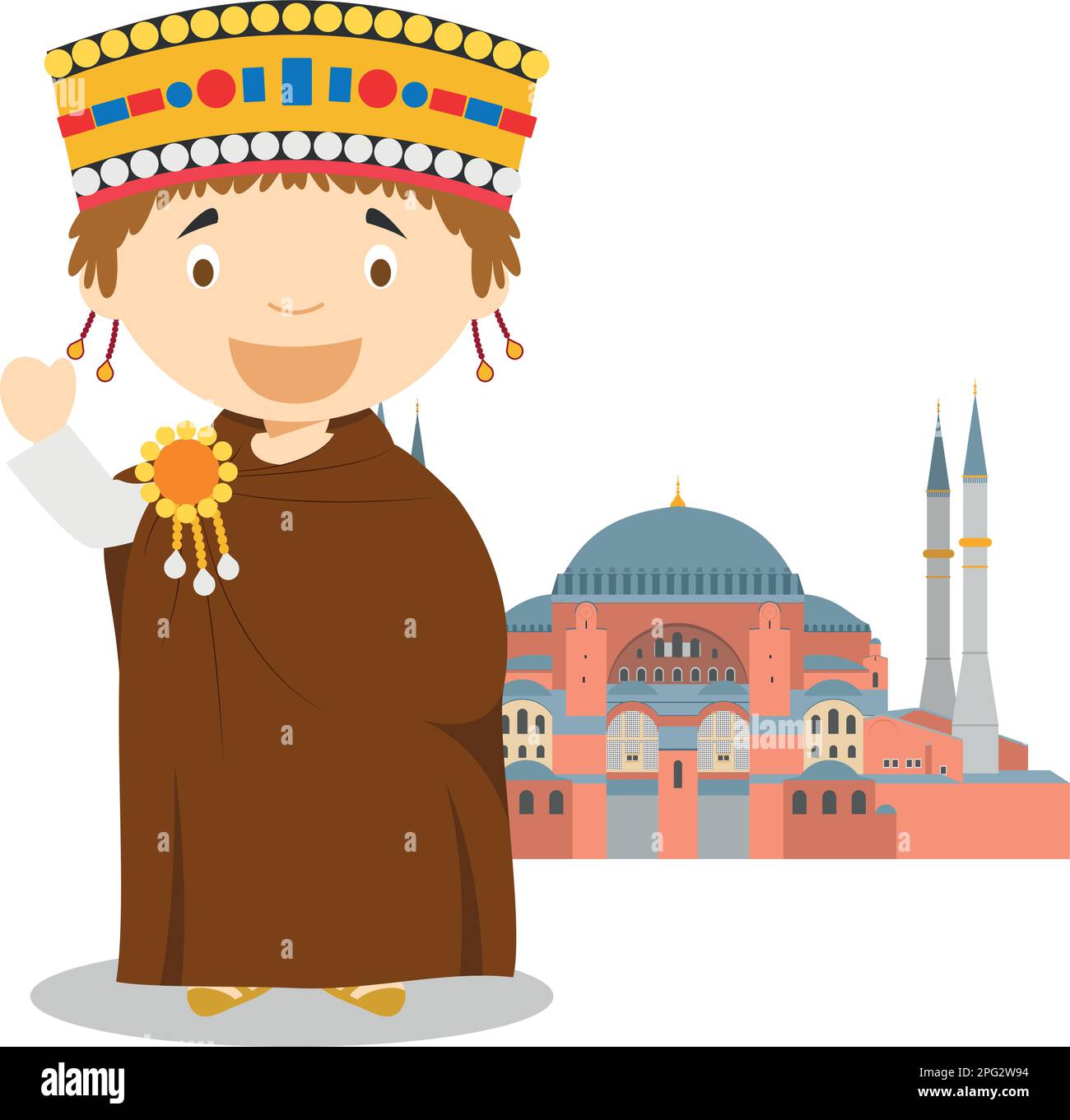 Byzantinische Cartoon-Figur mit Hagia Sophia. Vektordarstellung. Geschichtskollektion Für Kinder. Stock Vektor